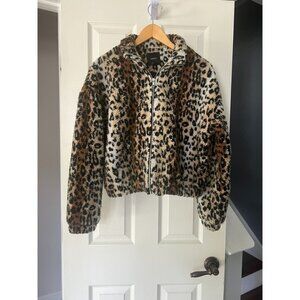 Forever 21 Faux Fur Jacket S Leopard Print Zip Up Teddy Sherpa Coat Animal Print